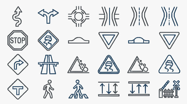 Dynamic Collection of Monochromatic Road Traffic and Pedestrian Sign Icons for Design Projects with high quality professional line art symbols for modern creative design and digital branding projects