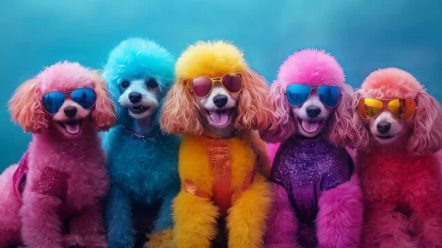 A distinctive animal concept showcasing a group of poodle puppies wearing sparkling neon punk rock outfits, with space for text &mdash; ideal for commercial, editorial advertisements, or party invitations