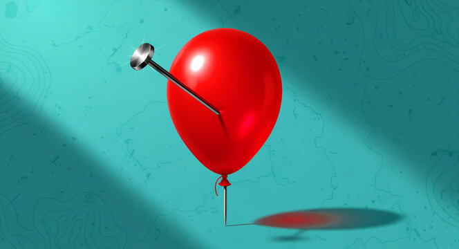 Sharp nail piercing a red balloon on a teal background. Metal pin creates tension against the surface. Business risk and financial bubble concept, ideal for economic fragility marketing.