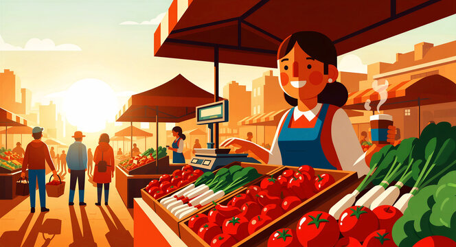 Smiling female vendor at an outdoor farmers market stall with fresh vegetables. Shoppers walking past produce displays under a warm sun. Local business concept for organic food marketing.