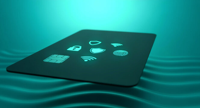 Glowing security icons on a credit card over a wavy teal background. Futuristic payment card with fingerprint and lock symbols. Cybersecurity fintech concept, ideal for banking and data safety.