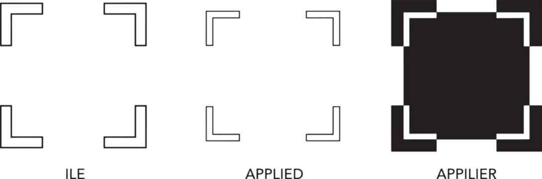 Corner bracket frame elements: four small corners, one larger frame. Visualizing positioning, application, and final result on checkered background.