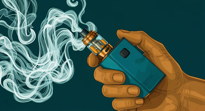 Hand holding a blue electronic cigarette mod with swirling vapor. Graphic illustration with bold lines and vibrant colors. Vaping culture and tobacco alternative concept for smoke shop ads.
