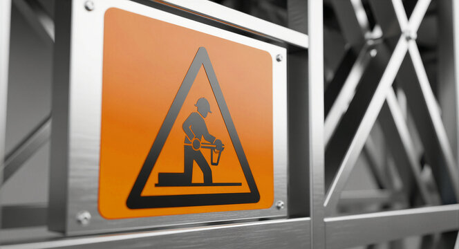 Orange construction safety sign mounted on a metal industrial frame. Warning icon depicts a worker operating machinery on a site. Safety concept, ideal for industrial marketing and regulation.