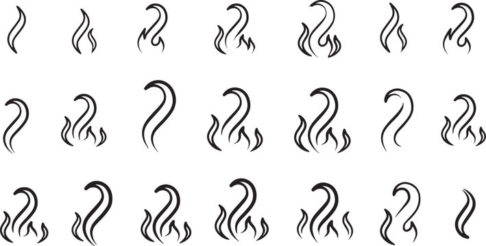 Collection of black hand drawn smoke and steam swirls in various shapes and sizes representing vapor wisps or fire flames on isolated transparent backdrop.