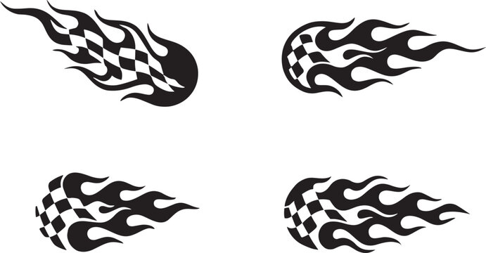 Set of racing fire flame stickers with checkered flag pattern design elements isolated on transparent background for car decal graphics and automotive stickers.