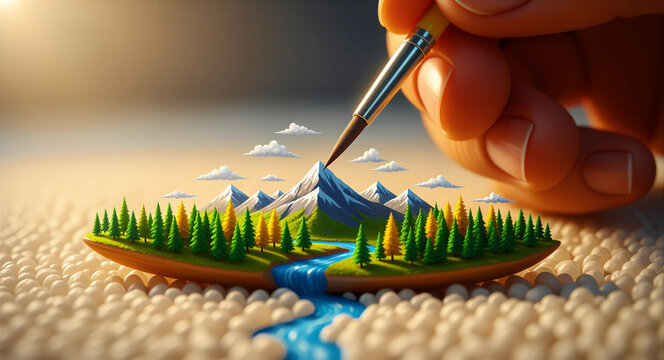 Hand painting a miniature 3D landscape with mountains and forest. Detail-oriented artist crafting a tiny nature model using a paintbrush. Creativity and hobby concept for art and design.