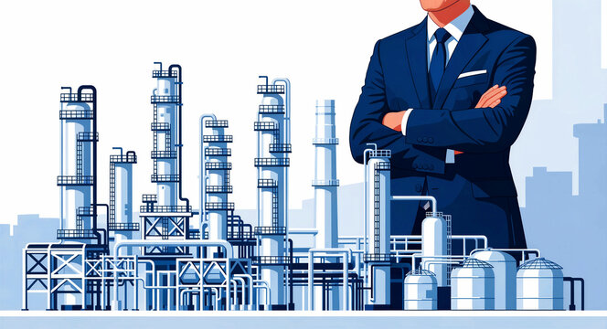 Businessman in a suit standing behind an industrial plant illustration. Manager overseeing refinery operations and energy infrastructure. Industrial leadership and investment concept.