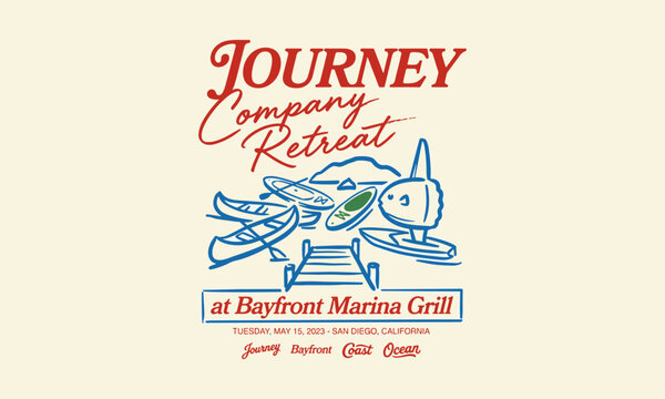 Vintage graphic design for a company retreat at a marina featuring canoes and ocean illustrations.