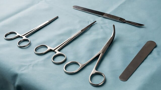Selection of stainless steel surgical tools on blue medical fabric with surgical