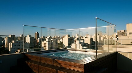 Obraz premium Rooftop hot tub on a modern terrace overlooking city skyline at sunset