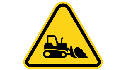 Yellow Triangle Warning Sign With Bulldozer Clearing Dirt For Construction Site Safety © jeew