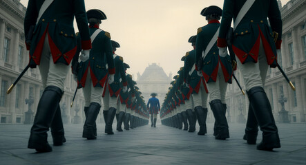 Obraz premium Historical soldiers in period uniforms standing in formation in a palace courtyard. An officer walks ahead through mist towards grand architecture. Napoleonic military concept for history media.