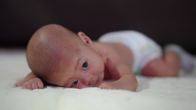 Tiny baby lies on soft white blanket. Baby's eyes open wide, curious and innocent. Little hands rest gently on the surface. Newborn explores the world with quiet wonder. Perfect for gentle, tender