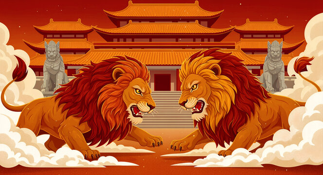 Two majestic lions facing off in front of a traditional Chinese palace. Detailed vector art with guardian statues and mystical clouds. Protection concept for Lunar New Year and cultural marketing.