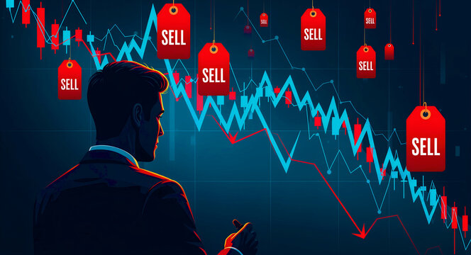 Businessman watching a falling stock market chart with red sell tags. Bearish trend showing sharp financial decline and candlestick patterns. Economic crisis and investment loss concept for trading.