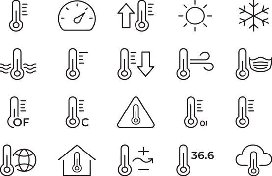 Collection of line art thermometer icons with various weather conditions and temperature readings, vector illustration.