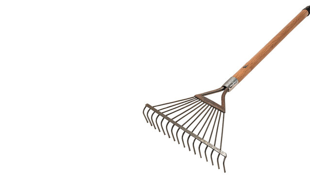 Old metal garden lawn leaf rake hand tool isolated on transparent background