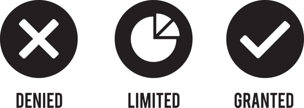 Data permission icons set representing status of access requests with denied cross mark limited pie chart and granted check symbol for modern software systems.