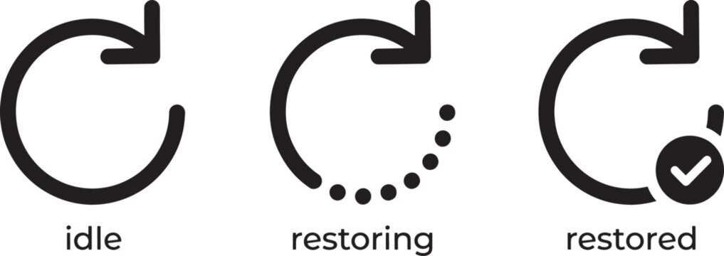 System restoration icons set depicting progress stages for digital recovery including idle state restoring action and successfully restored completed data sync.