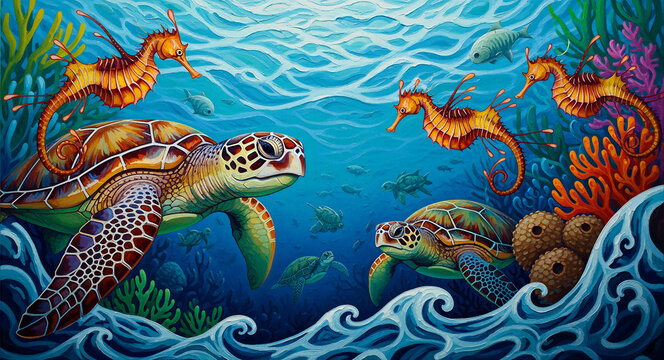 Sea turtles and seahorses swimming in a vibrant coral reef. Detailed painterly illustration featuring bright blue ocean and tropical marine life. Nature fantasy art ideal for ocean conservation.