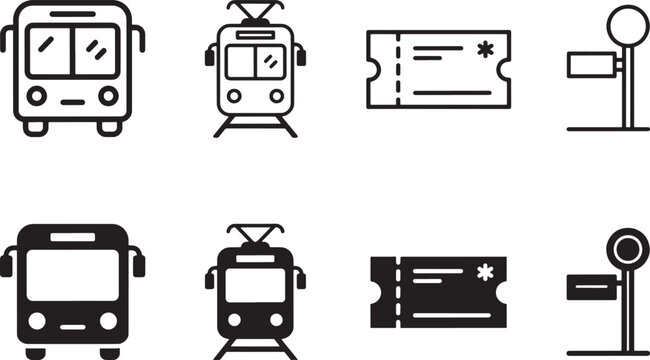 Public transportation icons set including bus tram ticket and station sign in both outline and solid fill styles for urban transit navigation design work.