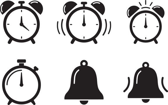 Time management icon set featuring alarm clocks with ringing effect stopwatch timer and notification bells for productivity and schedule alert interface.