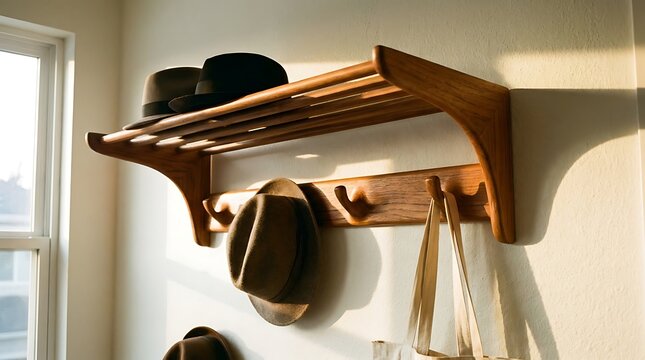 Wooden coat rack with hats and bag hanging on a sunlit interior wall