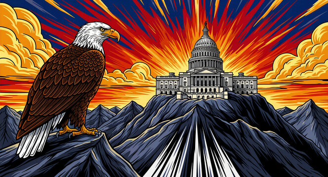 Bald eagle perched on a mountain overlooking the US Capitol building. Stylized illustration with sunset colors. Patriotic American government concept, ideal for political and national graphics.
