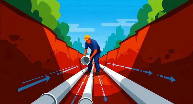 Construction worker installing underground pipes in a deep trench. Engineer performing utility maintenance on city water or gas infrastructure. Civil engineering concept for industrial marketing.