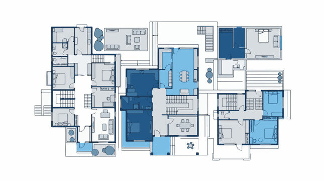 Detailed architectural floor plan with multiple rooms and areas highlighted in blue
