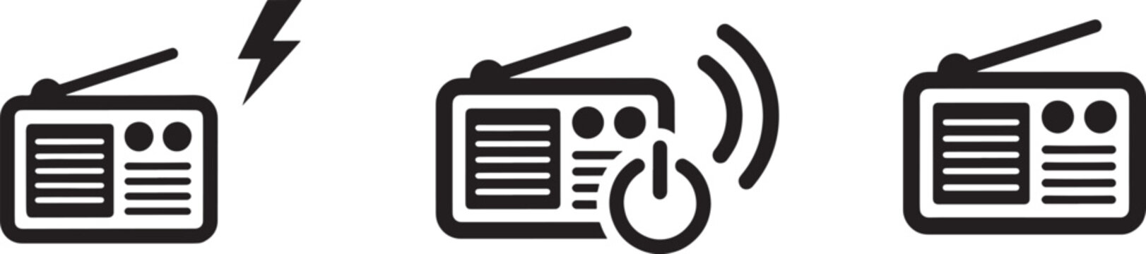 Radio communication and signal transmission icon set illustrating power control and electronic device connectivity for broadcasting and audio wave technology.