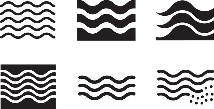 Six wave patterns and water ripples on a transparent background, showcasing various styles of undulating lines and water surfaces.