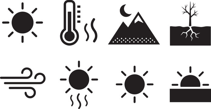 Collection of weather and environmental icons, including sun, thermometer, mountains, cracked earth, wind, and sunrise or sunset.