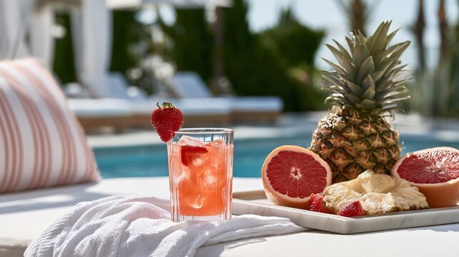A luxury resort pool cabana scene featuring strawberry lemonade served beside tropical fruits and white linen textures
