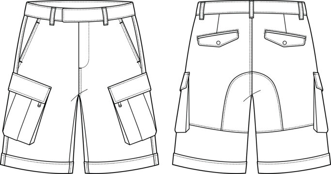 Mens cargo shorts flap patch pockets saddle seat utility Bermuda shorts fashion flat sketch vector technical drawing front back view