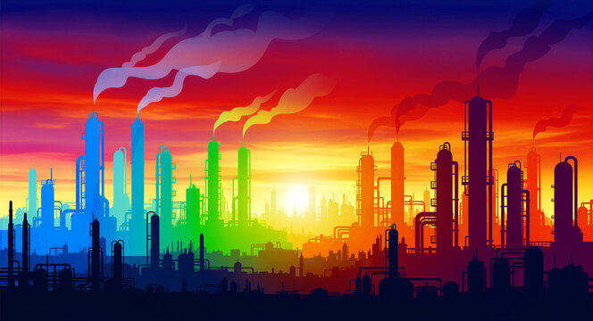 Colorful industrial refinery silhouette with smoke rising from chimneys at sunset. Factory pipes and towers rendered in a rainbow spectrum. Global warming and energy production concept.