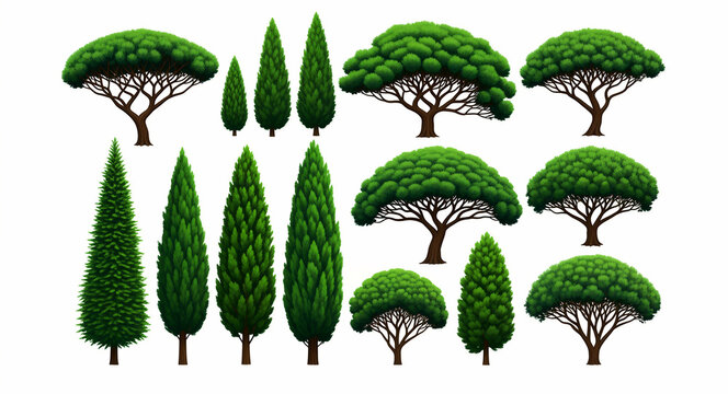 Collection of diverse green trees isolated on white. Set includes various species like cypress, pine, and Mediterranean umbrella trees. High-quality assets for landscape architecture and design.