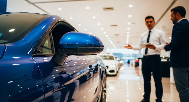 Close-up of blue car in a modern dealership showroom. Professional salesman explains vehicle features to a male client. Automotive retail concept, ideal for car buying and insurance marketing.