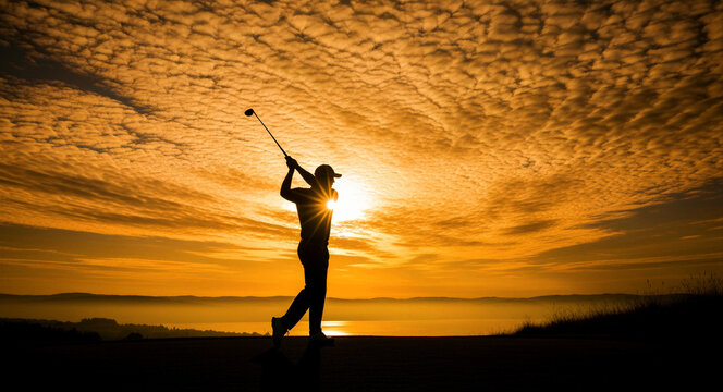 Silhouette of a golfer swinging a club during a dramatic golden sunset. Player stands on a scenic hill overlooking a misty valley and water. Sport achievement concept ideal for lifestyle ads.
