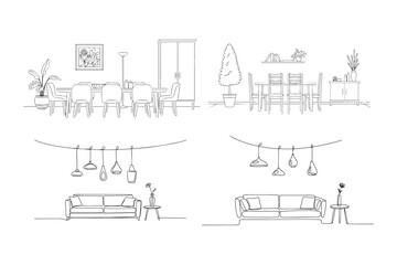 Obraz premium Interior design sketch featuring modern living room furniture and dining room sets in minimalist line art