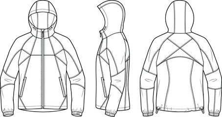 Unisex hooded windbreaker jacket geometric paneling zip pockets fashion flat sketch vector technical drawing front side back view © Sanda