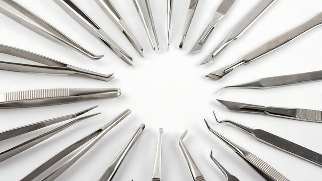 Radial pattern of assorted surgical and dental instruments with surgical