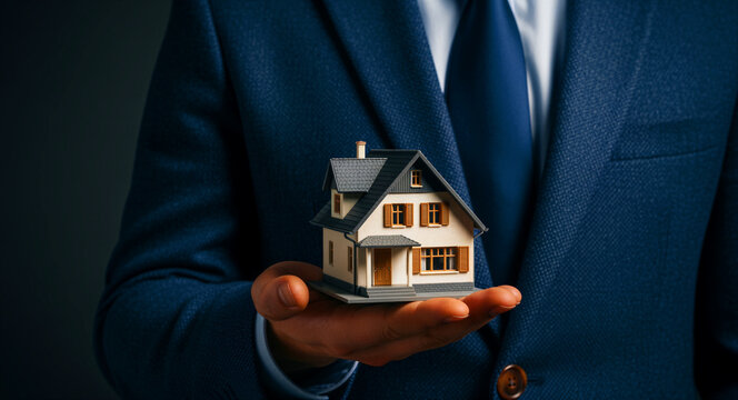 Businessman holding a model house in his palm. Professional realtor presenting a miniature home. Real estate investment and mortgage concept for banking and housing market marketing.