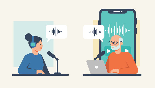 Professional female podcaster interviews an older guest remotely via a smartphone application showing digital audio waves.