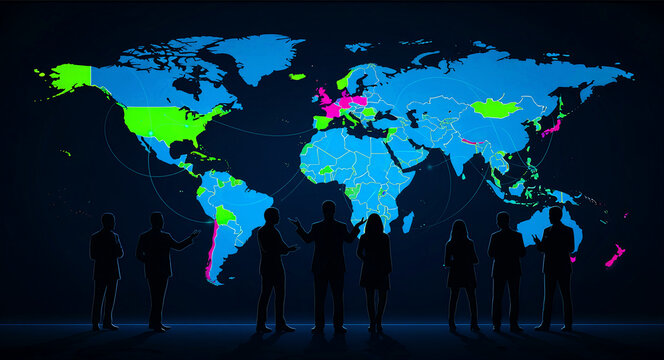 Silhouettes of business people in front of a glowing digital world map. Team analyzing international networks and global trade connections. Global business strategy concept for corporate leadership.
