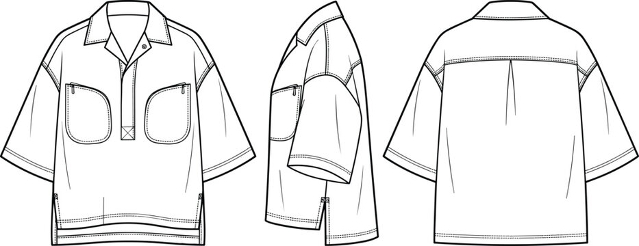 Unisex short sleeve utility shirt camp collar patch zipper pockets snap placket fashion flat sketch vector technical drawing front side back view