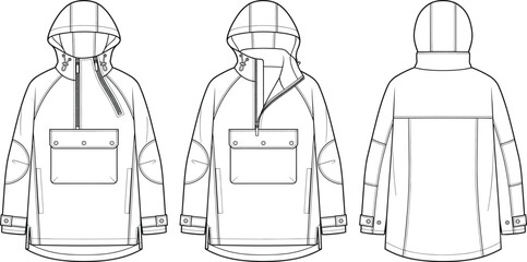 Womens asymmetrical half zip hooded anorak jacket front pocket raglan sleeve outdoor coat fashion flat sketch vector technical drawing © Sanda