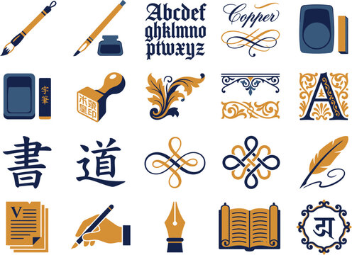 Global calligraphy traditions duotone vector icon sheet showcasing bamboo brushes reed pens gothic letters and seals for World Calligraphy Day