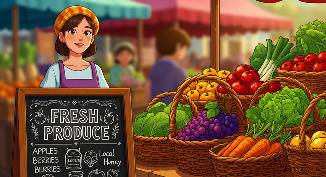 Smiling woman vendor at a farmers market stall with fresh produce. Colorful fruits and vegetables displayed near a chalkboard sign. Organic food concept for healthy lifestyle and local marketing.